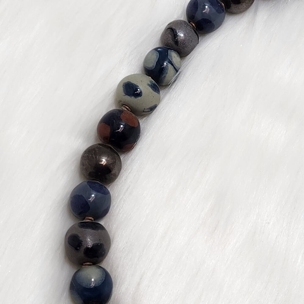 Blue & Gray Ceramic Beaded Necklace | Handmade Vintage Jewelry - Picture 2 of 6